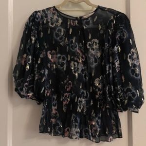 rebecca taylor faded floral metalic clip navy peplum top